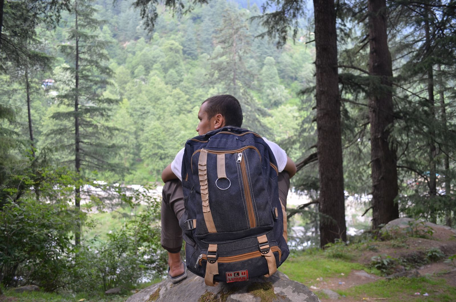 Hiker with a backpack resting on a rock beside a forest river