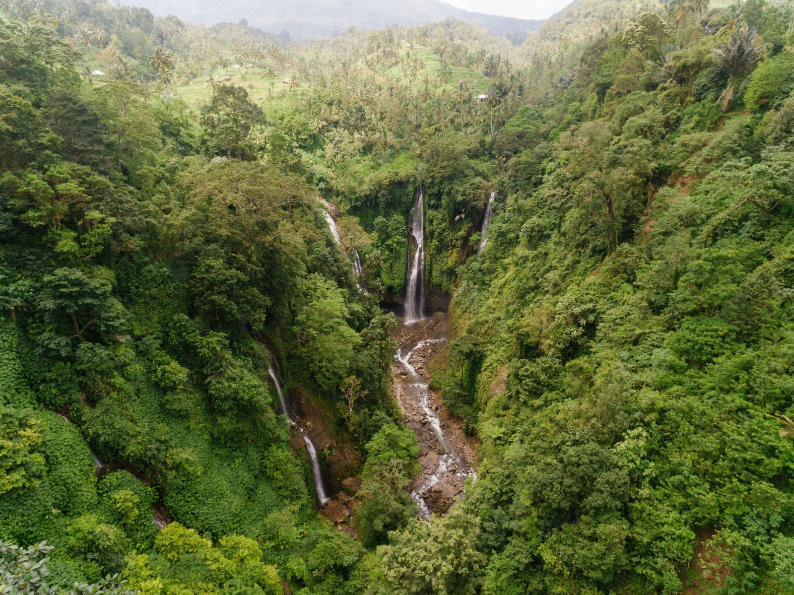 Aerial view of waterfalls in a deep green jungle valley in north Bali, the area around Sekumpul Waterfall