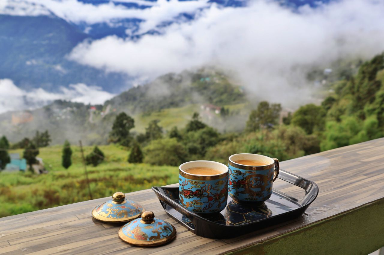 Coffee cups with a mountain view in the morning