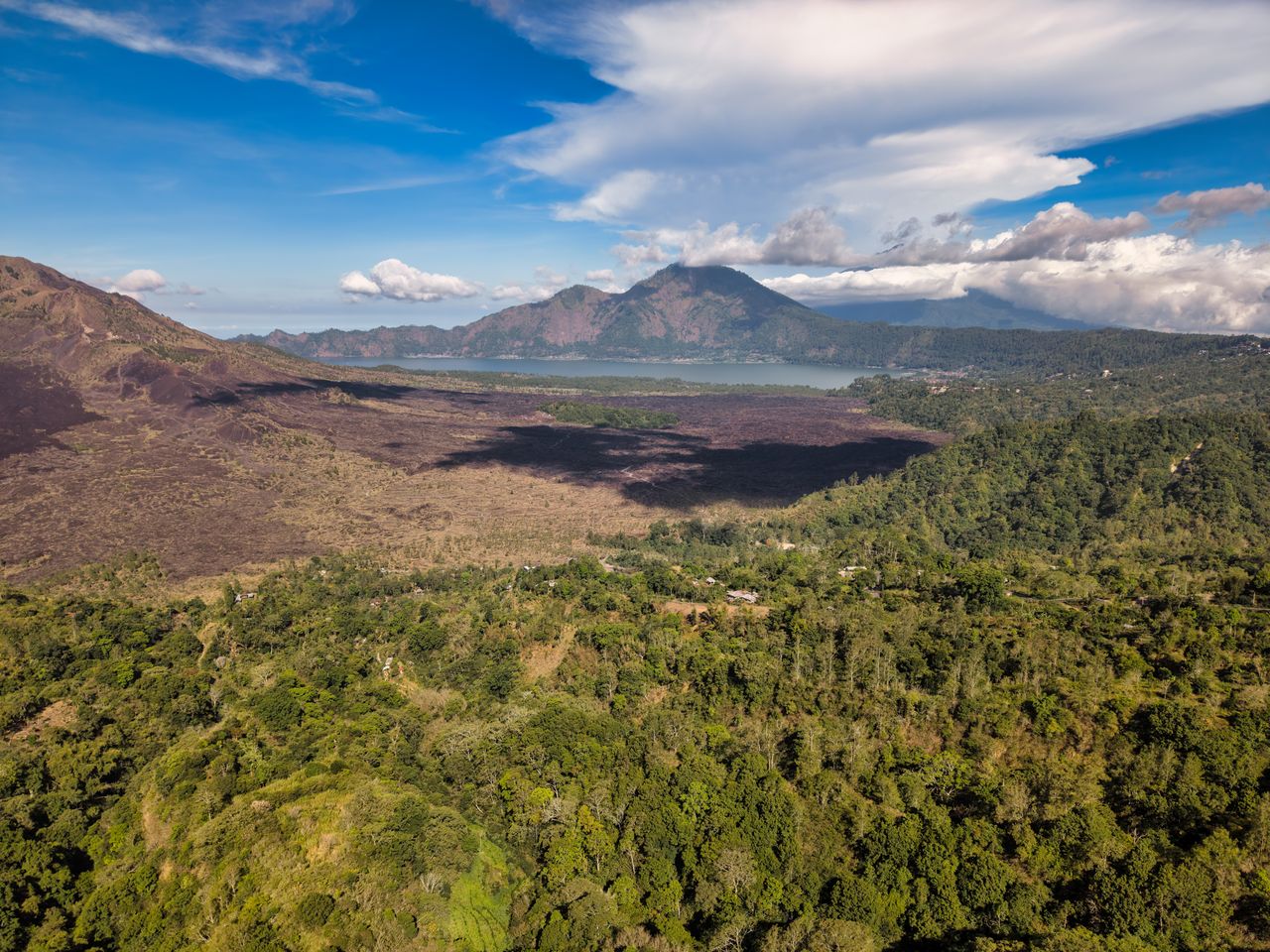 Aerial view of Mount Batur and its caldera in Bali
